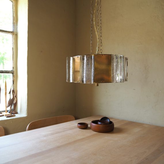 Vitrika Hanglamp - Brass met zware ijsglas blokken rondom en onderop een glazen schijf - incl. messing plafondkap - Sold