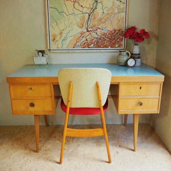 Jaren 50 Ekawerk Bureau HornLippe German design desk - zachtblauw formica blad - setprijs incl. stoel - sold