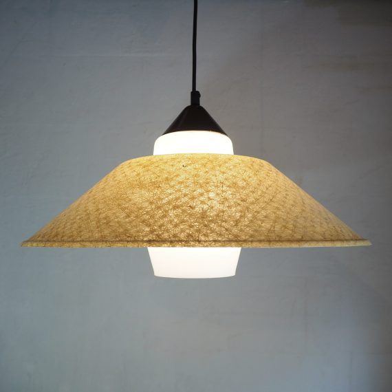 Hanglamp by Louis Kalff, Philips - Dutch design - Opaline bol met kap van glasfiber / fiberglass - in zeer goede vintage staat - sold