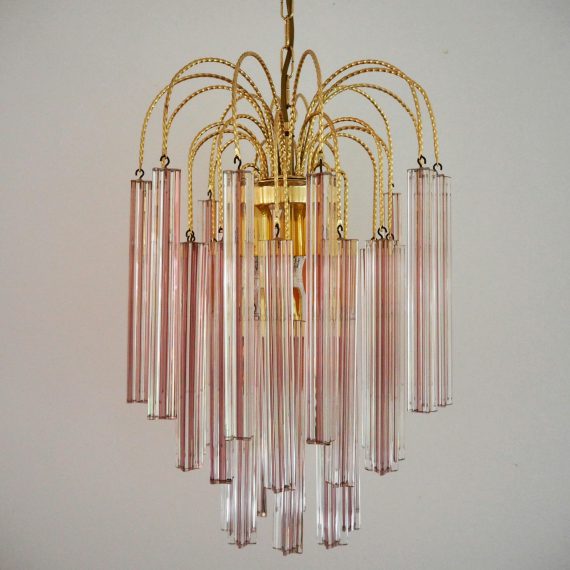 Vintage Kroonluchter - messing met zachtroze kristalglazen prisma/stervorm pegels - ø35cm L80cm incl. messing plafondkap - sold