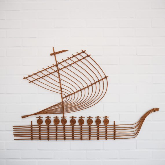 Rotan Wandsculptuur Viking Schip - Rattan Viking Ship vintage design Wall sculpture - H62xB98cm - in nieuwstaat - sold