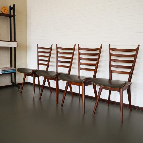 4 eetkamerstoelen uit de jaren 60 - prachtige gebogen plywood zitting met grijsgroene skai - B47xD57xH98cm ZH45 cm - in goede vintage staat - Setprijs €650