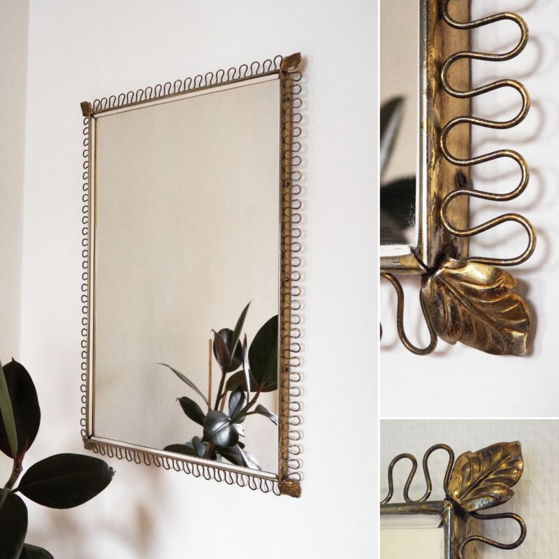 Grote Messing Spiegel / Brass Mirror by Josef Frank for Svenskt Tenn, 50's - Zweeds design - zeer mooie Zeldzame versie met de blaadjes op iedere hoek - in goede vintage staat, de spiegel heeft 2 hele kleine pitjes - 70 jaar oud prachtig patina! - 66x45cm - €875