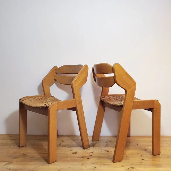 Set van 2 (Scandinavische) Brutalist Chairs in eiken met rieten zitting - Stoere mid century stoelen in goede staat - B50xD50xH80cm zithoogte 44cm - Japandi Wabi Sabi stijl - Setprijs € 100