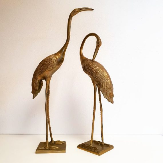 Vintage set grote messing vogels / kraanvogels - 47 en 55 cm hoog - Large mid-century brass crane birds - zeer goede en mooie staat - Setprijs € 320