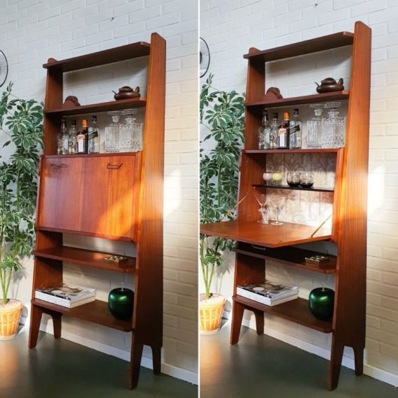 Bijzondere Barkast / Boekenkast / Secretaire met klep - H181xB78xD31cm - in goede vintage staat - € 560