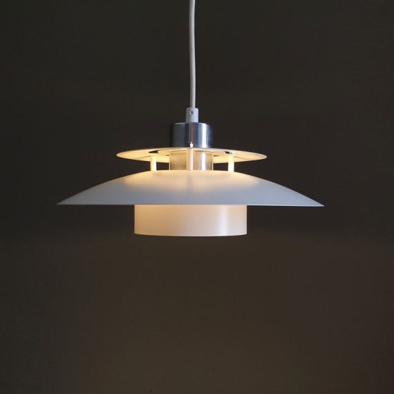 Vintage Deens design metalen Schalenlamp(je) van EL-Light Model 4107 wit met rvs - Ø 34cm en met een nieuw snoer van ongeveer 200cm - in prima vintage staat - € 175