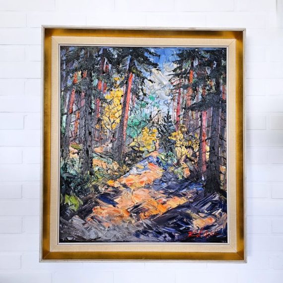 Oud Olieverfschilderij op linnen, uit Denemarken, geschilderd en gesigneerd door Kristian Bjulver (1910-1987) - in lijst met goud en linnen - 80x70cm - Bos / Boszicht / Bospad in dikke lagen olieverf (vraag naar meer foto's) - in zeer goede staat - € 245