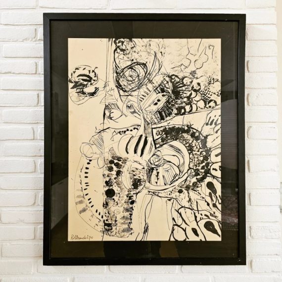 Abstract werk van Rob Brandes, 1970 - Inside Outside 3 - Inkt tekening op papier, ingelijst in zwarte houten lijst met glas en gesigneerd, ook op de achterkant - 77,5x62,5cm - € 175