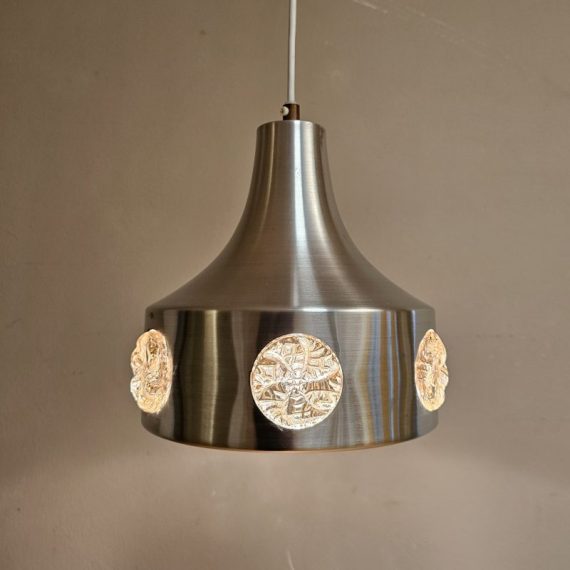 Hanglamp Deens vintage design - geborsteld alunimium met ronde glaasjes - Ø23cm H25cm - in goede vintage staat met minimale leeftijdssporen en ophangklaar - € 160