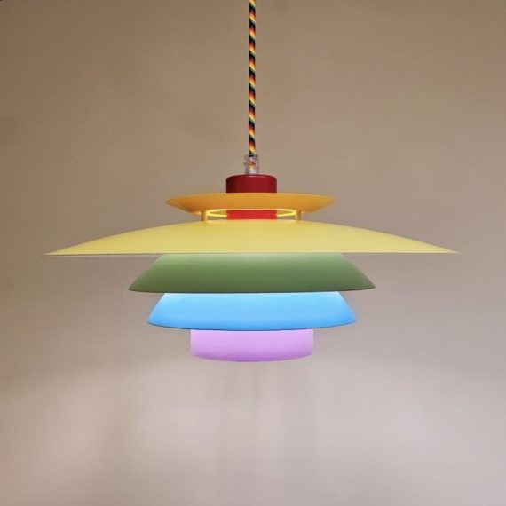 Deens design Regenboog Schalenlamp met stoffen regenboog snoer - Danish Rainbow hanging Lamp - Ø40cm - in nieuwstaat, origineel en zeer zeldzaam / uniek! € 850